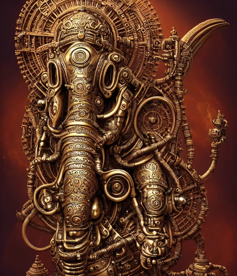 Image similar to steampunk cybernetic biomechanical indian god ganesha, front facing, symmetric, 3 d model, very coherent symmetrical artwork, unreal engine realistic render, 8 k, micro detail, intricate, elegant, highly detailed, centered, digital painting, artstation, smooth, sharp focus, illustration, artgerm, tomasz alen kopera, wlop