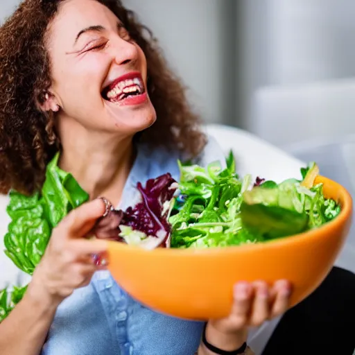 Prompt: laughing woman holding a bowl of salad