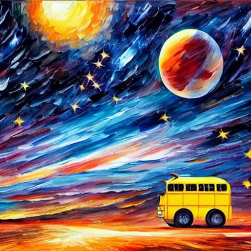 Prompt: school bus, on mars, school bus on mars, earth in the background, shooting stars, nebula, drawn by Leonid Afremov