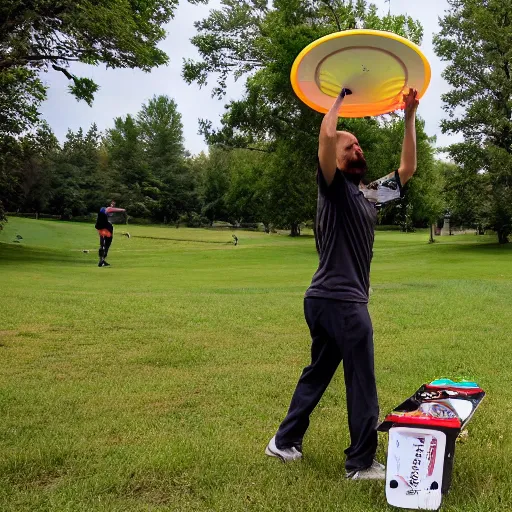 Prompt: a man playing discgolf putting frisbees in pdga innova basket in the style of a baroque painting
