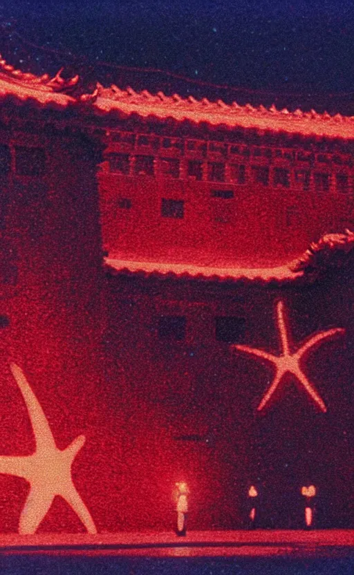 Image similar to light coming out of one starfish - like kaiju anthropomorphic monster, korean film noir by kim jong - il, korean traditional palace, pyongyang city, 1 9 6 0 s, red color bleed, 4 k, video compression, video glitch, monochrome, akira kurosawa, mamoru oshii, wes anderson, stanley kubrick