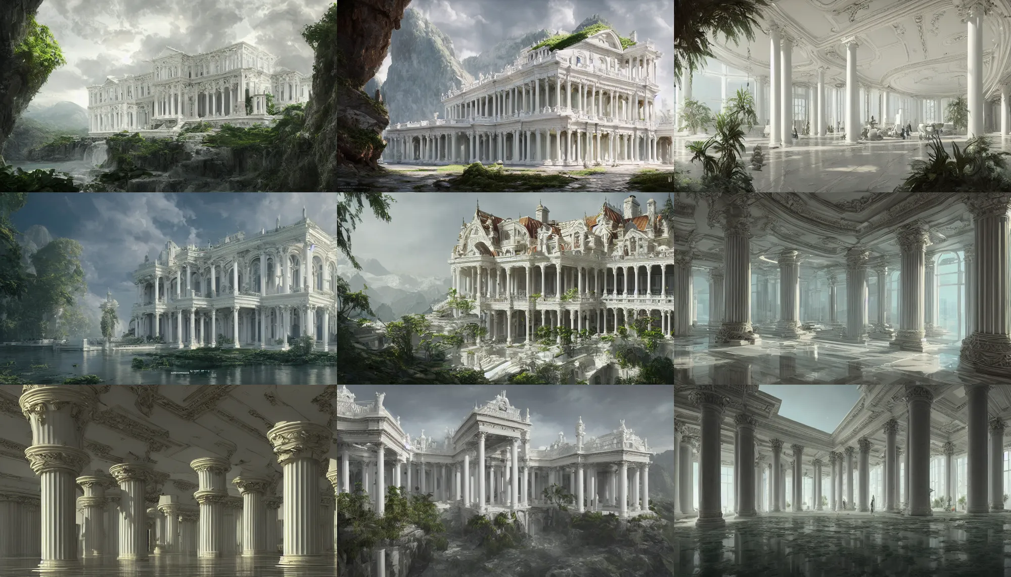 Prompt: Gorgeous white palace with big windows and columns built in the big green mountains, hyperdetailed, artstation, cgsociety, 8k