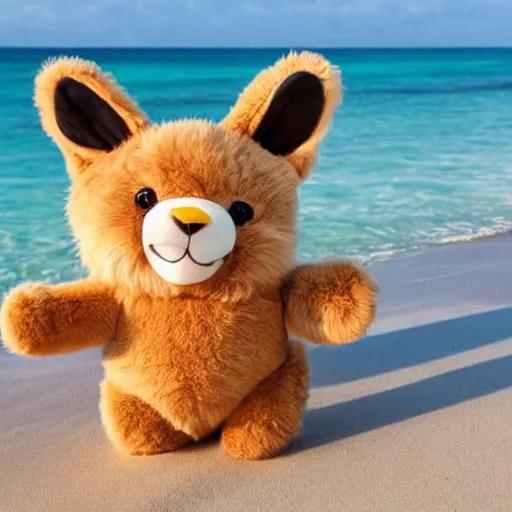 Image similar to an adorable fierce furry chubby monster with long floppy rabbit ears teddy bear body and wolf legs, Smiling at the camera with a mischievous grin, happy lighting, at a tropical beach