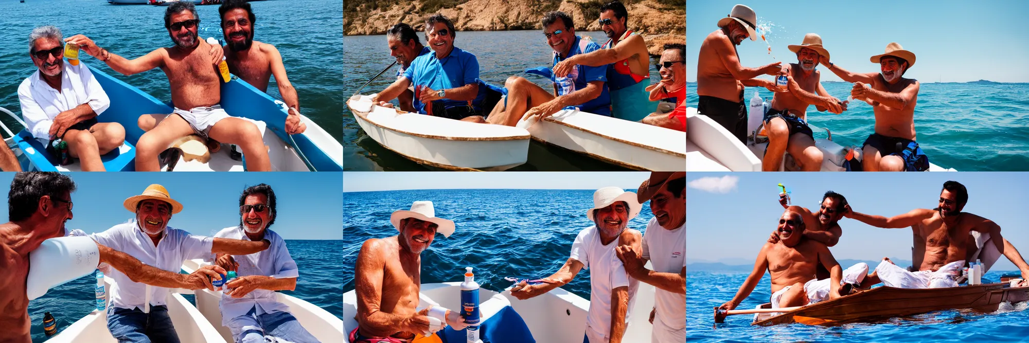 Prompt: Photography of happy Alberto Nuñez Feijoo spreading sunscreen to the back of Marcial Dorado in a boat