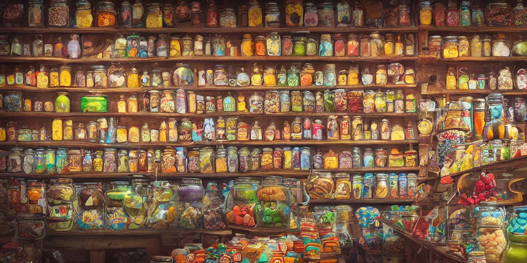 Image similar to Inside an old sweet shop, large jars on shelves, beautiful labels, fantasy vendor interior, wide angle, cinematic, highly detailed, photorealistic, rich bright colors, trending on artstation