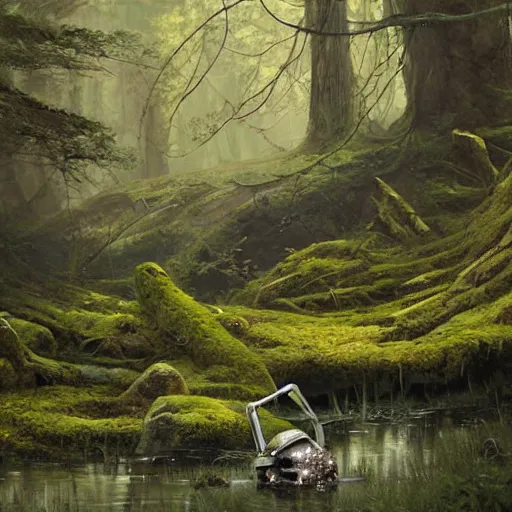 Image similar to ancient stone roboter overgrown with moss and farn resting beside a pond inside a forest, oil painting, by Greg Rutkowski