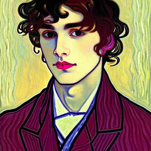 Prompt: painting of young handsome beautiful dark medium wavy hair man in his 2 0 s named shadow taehyung at the cucumber and banana cranberry blueberry soup party, elegant, clear, painting, stylized, delicate, soft facial features, art, art by alphonse mucha, vincent van gogh, egon schiele