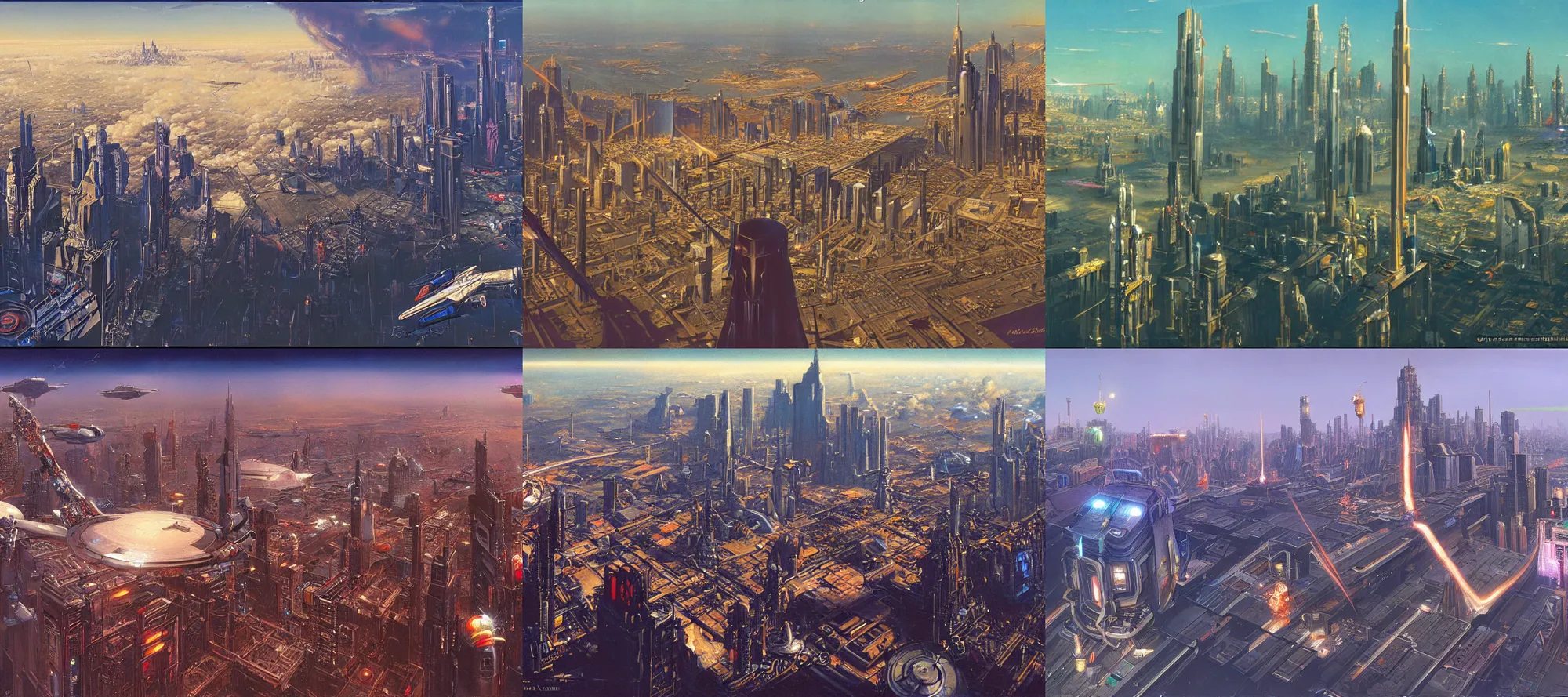 Prompt: coruscant, cyberpunk, overhead view, distance shot, painting by brothers hildebrandt