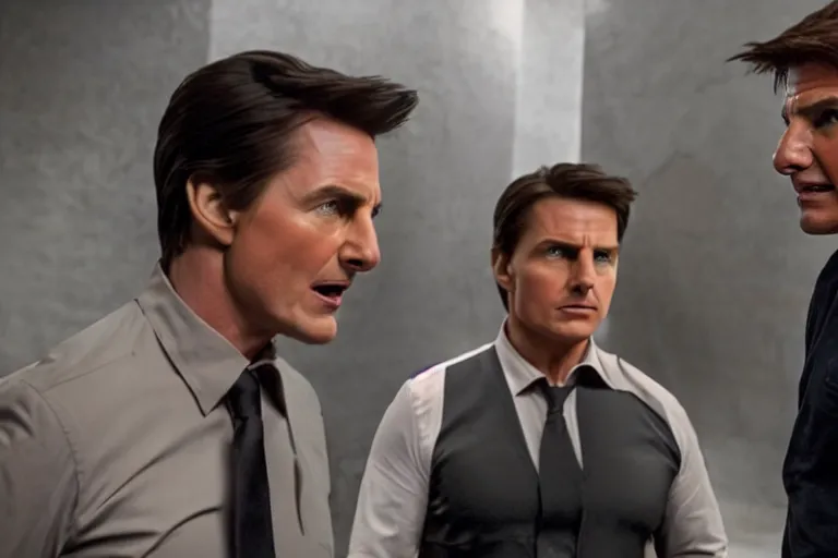 Image similar to a film still of Peter Serafinowicz arguing with Tom Cruise in Mission: Impossible IX, high quality