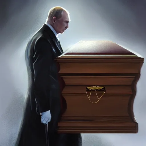 Image similar to putin on the coffin, death, funeral, portrait, highly detailed, full body, digital painting, trending on artstation, concept art, sharp focus, illustration, art by artgerm and greg rutkowski and magali villeneuve