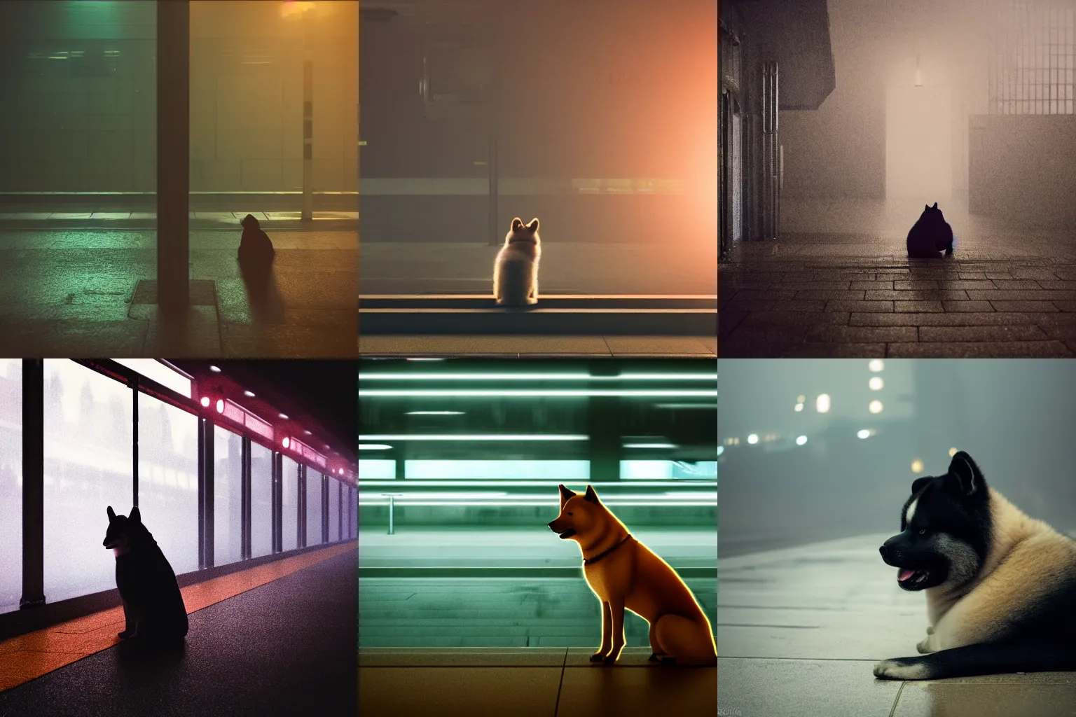 Prompt: high detail 35mm photograph of a depressed akita inu waiting alone at an empty glowing foggy wet train station, colorful cold top lighting, desolate, atmospheric, hazy, melancholic, autochrome, 8k, reflections, octane render, unreal engine 5