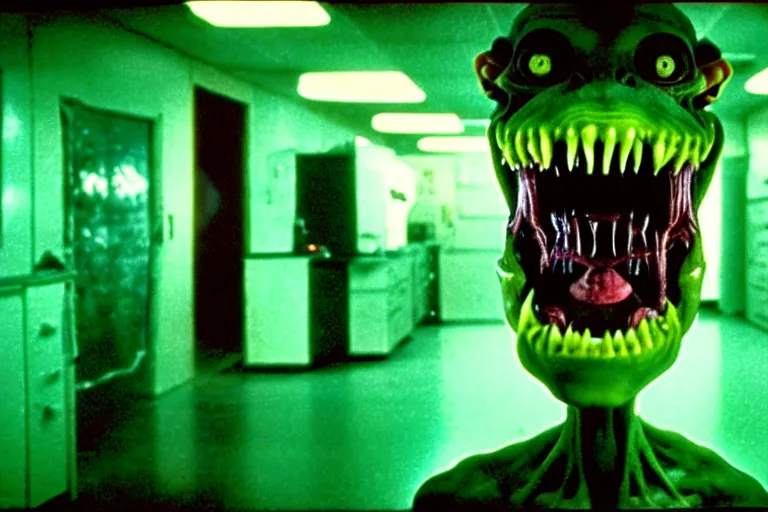 Image similar to a scary filmic wide shot color ground level angle movie still 35mm film photograph of the full body of a dangerous shape shifting alien creature, with multiple mutated snarling drooling human faces with a grotesque variety of human and animal limbs protruding from its lower torso inside of a 1970s science lab, neon lights, dirty, ektachrome photograph, volumetric lighting, f8 aperture, cinematic Eastman 5384 film