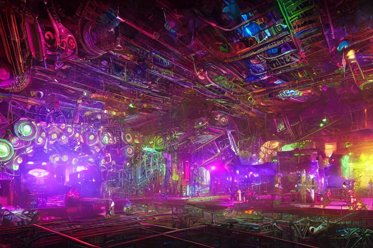 Image similar to a concert stage, tripmachine, center of the stage is a big futuristic steampunk generator surrounded by steampunk machinery with speaker towers, rock musicians on the stage, laser show, 8 k, fluorescent colors, halluzinogenic, multicolored, exaggerated detailed, unreal engine