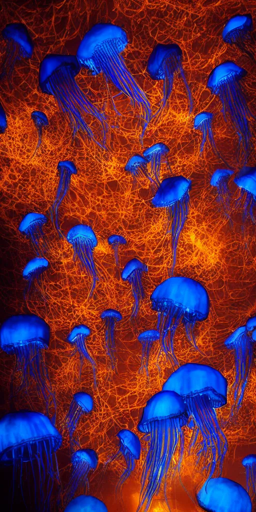 Image similar to at night, big blue jellyfish glowing in the night, very close detailed closeup, wonderful details, octane render, intricate, soft focus, film grain, blue tones, bokeh