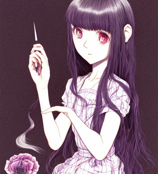 Prompt: portrait of a morbid 18 year old young woman wearing a dress of the soft aesthetic with wavy long hair, in a butcher shop, queen of sharp razorblades holds a single small sharp blade or a razor her hand and shows it to the user, in the style of Range Murata and by Katsuhiro Otomo and Yoshitaka Amano.