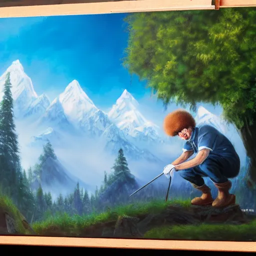 Prompt: a closeup photorealistic photograph of bob ross working on a canvas painting of mickey mouse. film still. brightly lit scene. mountains and trees. this 4 k hd image is trending on artstation, featured on behance, well - rendered, extra crisp, features intricate detail, epic composition and the style of unreal engine.