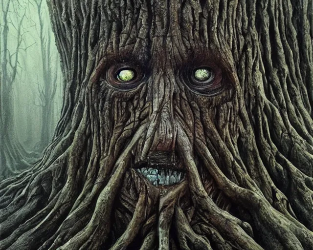 Prompt: a talking oak tree, a face in the bark, eyes in the bark, mouth in the bark, horror concept art, sharp teeth, digital painting, oil painting, hyperrealistic, treebeard, ent, undead, monster, highly detailed, moonlight, very detailed eyes, in the forest, by alan lee, by artgerm