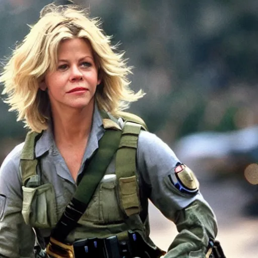 Image similar to Meg Ryan is a soldier fighting in the battlefield dressed as a power ranger