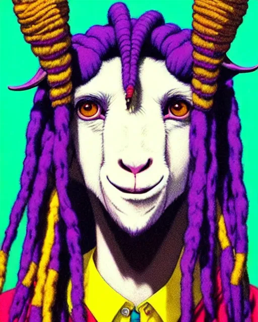 Image similar to portrait Anime 1984 Rasta Goat Goat wearing-rasta-clothes Soft fine face pretty face, realistic shaded Perfect face, fine details. Anime. background: Los-Angeles San-Francisco; hyperrealistic by Ilya Kuvshinov katsuhiro otomo ghost-in-the-shell, magali villeneuve, artgerm, rutkowski Jeremy Lipkin and Giuseppe Dangelico Pino and Michael Garmash and Rob Rey