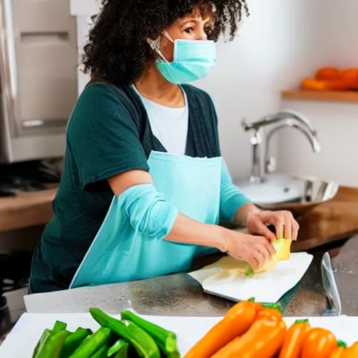 Image similar to a person cutting vegetables while wearing ghostface mask