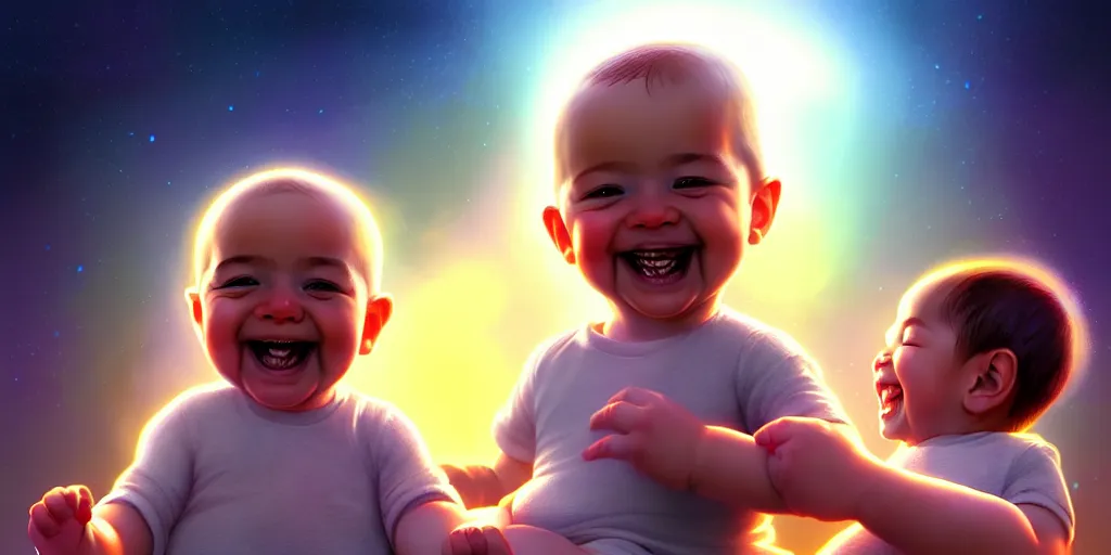 Image similar to epic professional digital art of a happy baby boy with his two fathers, best on artstation, cgsociety, wlop, cosmic, epic, stunning, gorgeous, much detail, much wow, masterpiece, backlight