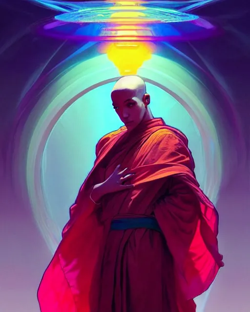 Image similar to a robot monk wearing a flowing cloak, vaporwave aesthetic, colorful, psychedelic, digital painting, artstation, concept art, smooth, sharp focus, illustration, art by artgerm and greg rutkowski and alphonse mucha