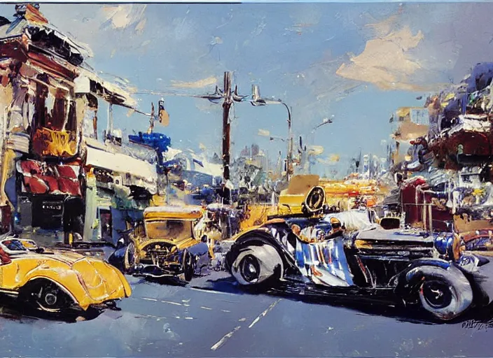 Image similar to hotrods driving down a street , vintage, highly detailed, by John Berkey