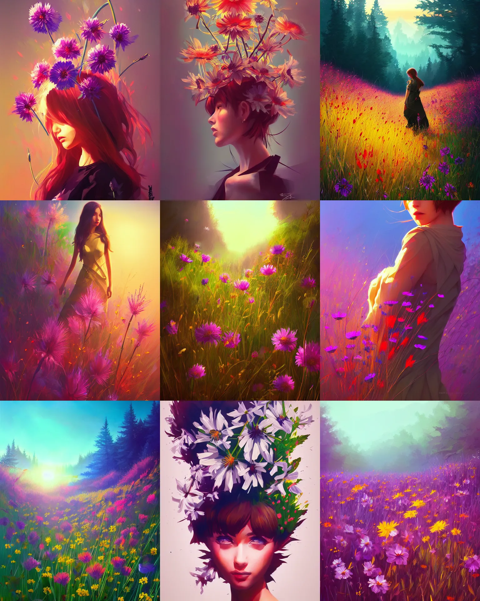 Prompt: epic wild flowers painting by stanley artgerm, dramatic lighting, ilya kuvshinov, trending on artstation, flat colour, geometric curves, gradient filter