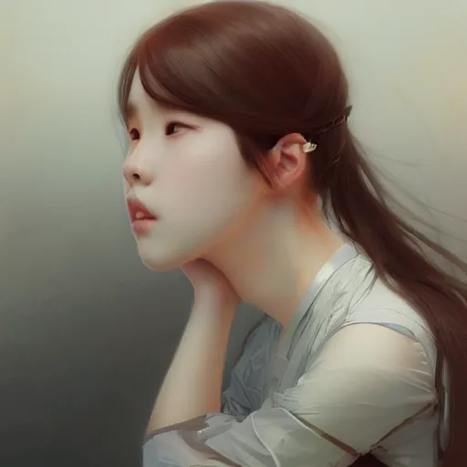 Image similar to IU, Korean Idol, Korean Artist, highly detailed, digital painting, artstation, concept art, smooth, sharp focus, illustration, ArtStation, art by greg rutkowski and alphonse mucha