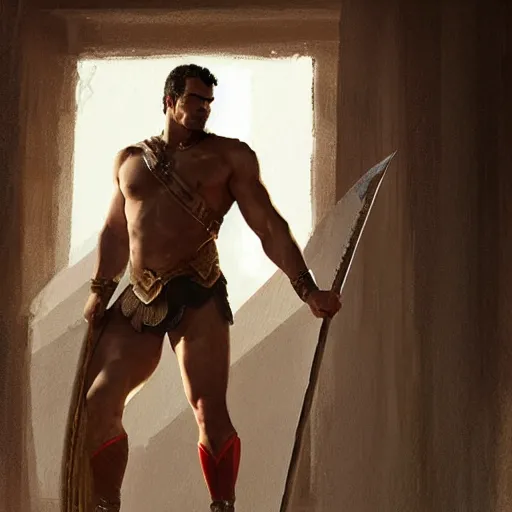 Image similar to Henry Cavill is a roman gladiator, gorgeous, amazing, muscular, silk, intricate, elegant, thighs, highly detailed, digital painting, artstation, concept art, sharp focus, illustration, by greg rutkowski