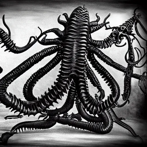 Prompt: An old timey photograph of an eldritch abomination, highly detailed, realistic