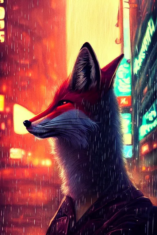 Prompt: beautiful portrait of an extremely tall female anthro fox, smoking a cigarette in the rain, towering over the crowds in a wet street of a city, cyberpunk, harsh neon lights, highly detailed, deep shadows, digital painting, shallow depth of field, illustration, art by sakimichan, artgerm