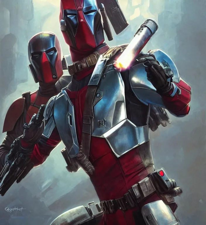 Prompt: mandalorian deadpool, futuristic, dramatic light, soft, sharp focus, concept art by greg rutkowski and artgerm and mucha