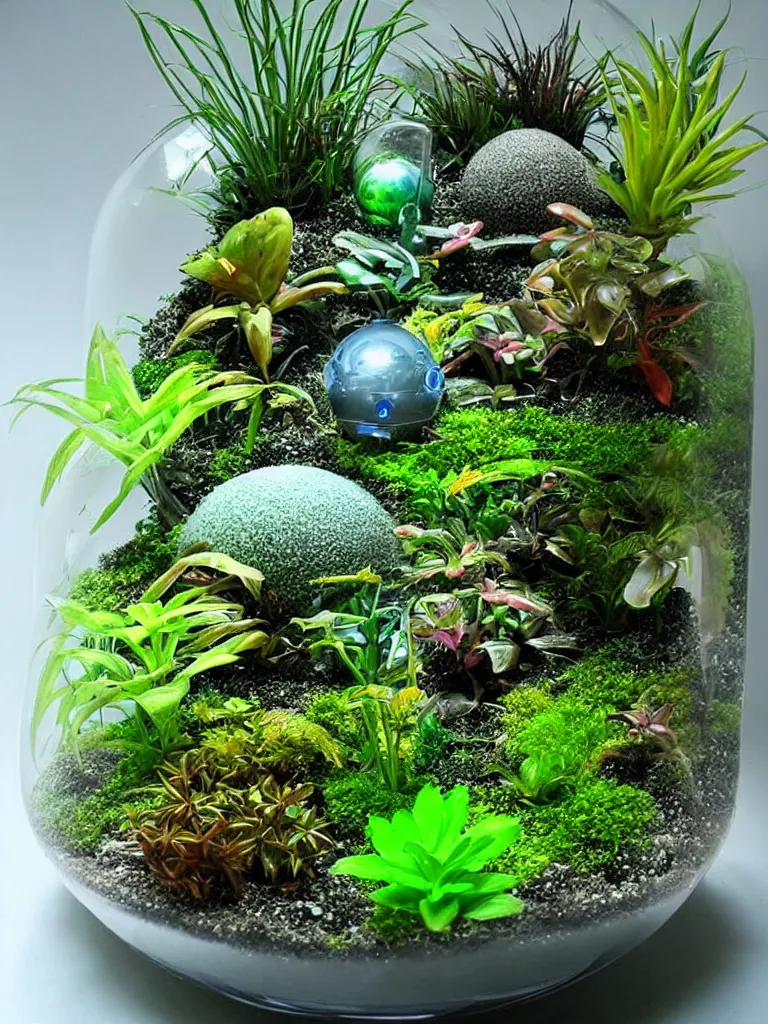Image similar to terrarium with plants from a differen alien planet. weird colours. sci - fi. futuristic. alien. holographic, beautiful, ethereal