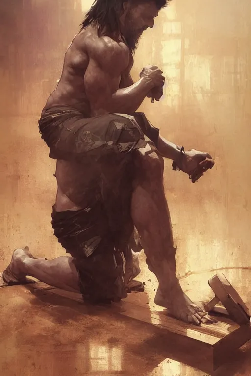 Image similar to man kneeling at the foot of a wooden cross, dramatic lighting art by Yoji Shinkawa by Richard Schmid by greg rutkowski by Sandra Chevrier by Jeremy Lipking cinematic dramatic, by frank miller, illustration by Ruan Jia and Mandy Jurgens and William-Adolphe Bouguereau, Artgerm, 4k, digital art, surreal, space dandy style, highly detailed, godsend, artstation, digital painting, concept art, smooth, sharp focus, illustration by Ruan Jia and Mandy Jurgens and William-Adolphe Bouguereau, Artgerm