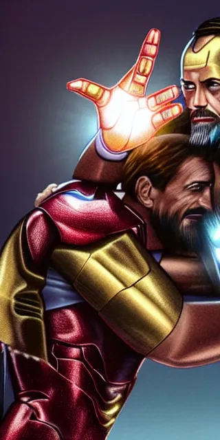 Prompt: full shot photograph of jesus christ being carried by iron man on doomsday, photorealistic, cinematic lighting, extremely detailed