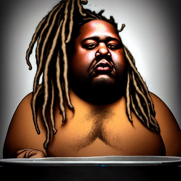 Image similar to hyperrealistic mixed media portrait of a moridly obese black man with dreads being sitting alone at a restaurant, depressing and hopeless vibe, stunning 3d render inspired art by P. Craig Russell and Barry Windsor-Smith + perfect facial symmetry + dim volumetric lighting, 8k octane beautifully detailed render, post-processing, extremely hyperdetailed, epic composition, grim yet sparkling atmosphere, cinematic lighting + masterpiece, trending on artstation