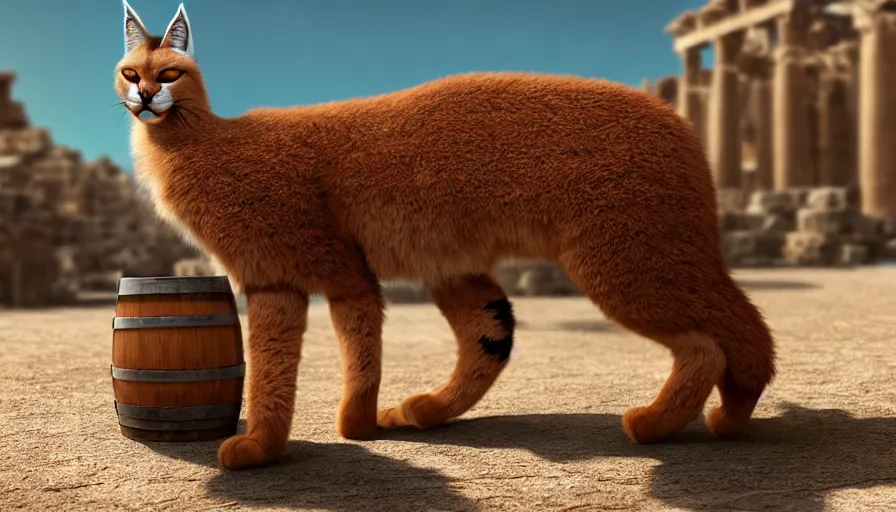 Image similar to wooden barrel on one side, fullbody photo of cute fluffy caracal in it, ancient greek city, sunny day, by ilya kuvshinov, rtx rendering, octane render 1 2 8 k, maya, extreme high intricate details by tom bagshaw, medium shot, close up shot, composition by sana takeda, lighting by greg rutkowski