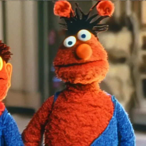 Image similar to 90's horror film about Bert and Ernie from sesame street, photorealistic, highly detailed