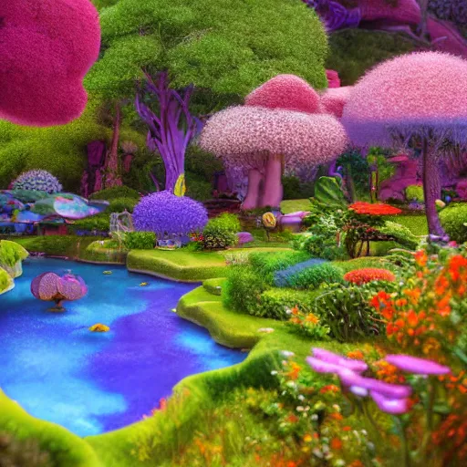 Image similar to a tiltshift 4 k photo of visions of serenity in the garden of enchantment, detailed digital art by howard arkley, anton fadeev and james gurney, hyperdetailed 4 k hd realism rendered in unreal engine