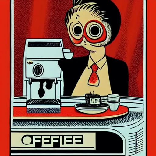 Image similar to vhs cover, 1 9 8 3, horror, coffee shop, espresso machine, barista with no eyes, designed by charles burns