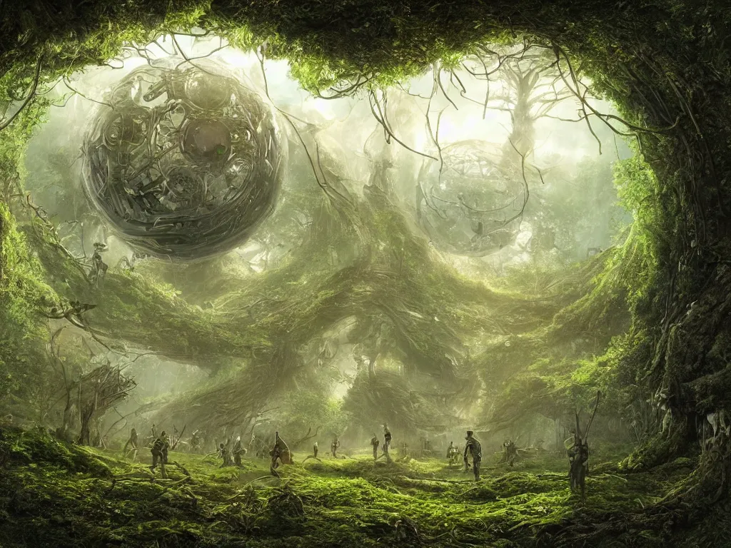 Prompt: an intricate realistic matte painting of an epic battle between a forest and technology at the center is a circular glowing bio-mechanical portal made of trees fighting mechanical and electrical parts