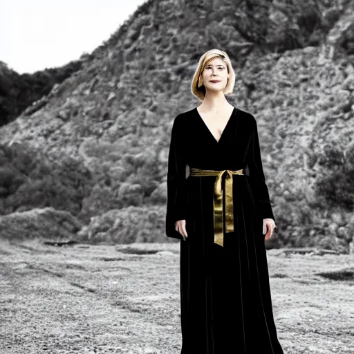 Prompt: rosamund pike wearing black robe and golden necklace cinematic photoshoot high quality highly affordable photo realistic 8 k hd