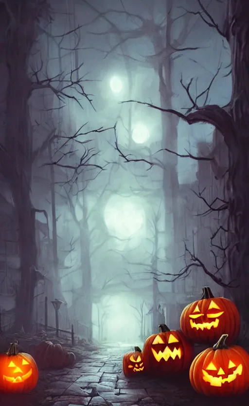 Image similar to a creepy and eery Halloween setting, with Jack o lanterns on the street and shadow figures lurking about, dynamic lighting, photorealistic fantasy concept art, stunning visuals, creative, cinematic, ultra detailed, trending on art station, spooky vibe