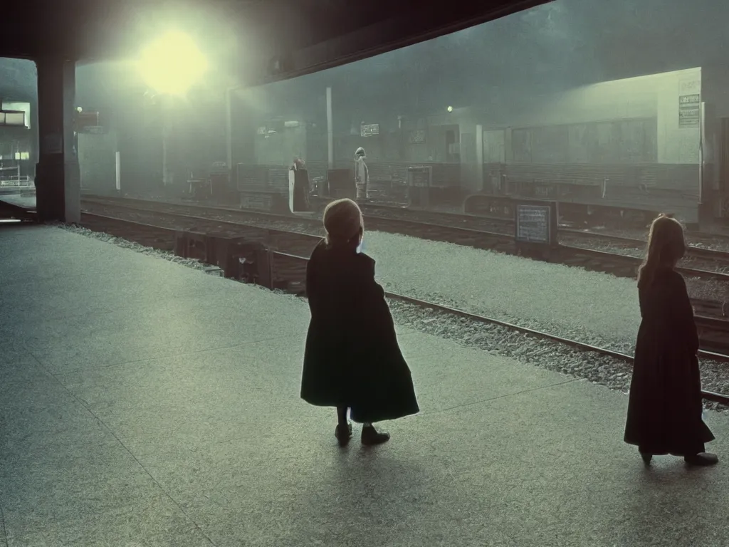 Prompt: lone girl waiting for the train, 70s, dreamy, stanley kubrick the shinning, vibrant colors americana, cinematic, volumetric lighting, god rays, sunset, realistic, detailed, painting magritte