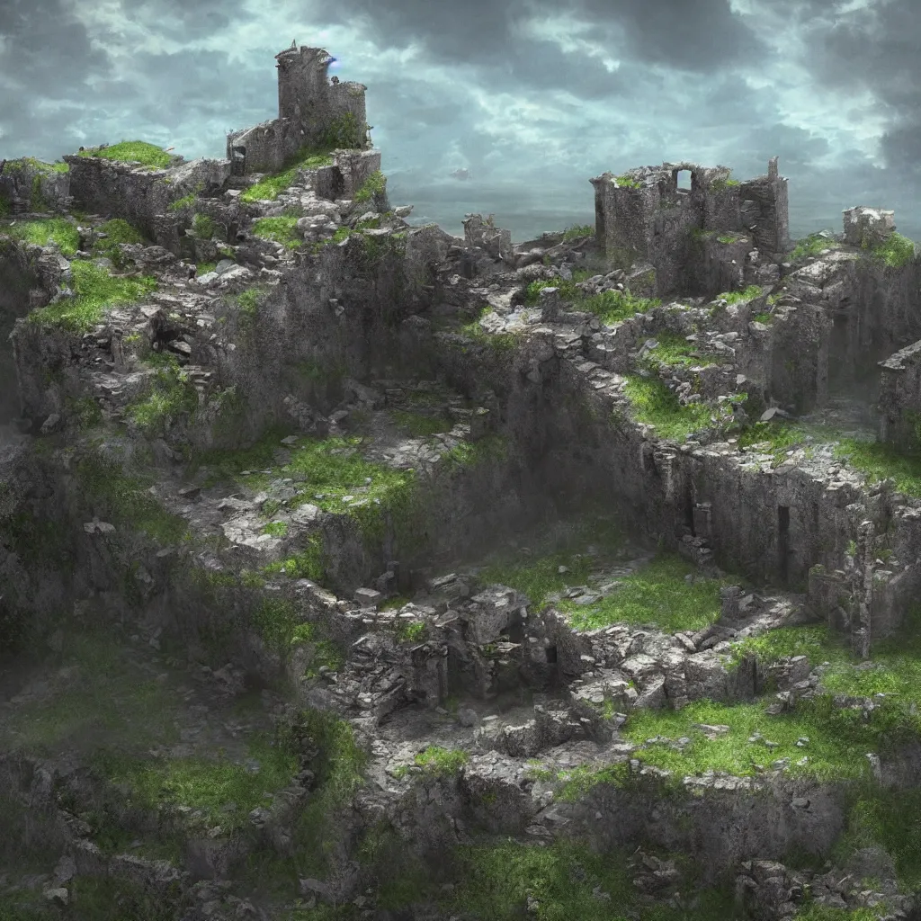 Image similar to looking up at a ruined castle on a small island only reachable by a small land bridge, 8 k, ultra realistic cinematic, intricate, cinematic light, concept art, illustration, art station