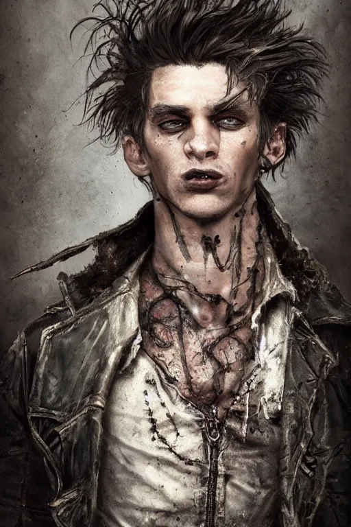 Image similar to a rough ugly young man, very short brown hair, gothic, tattered leather coat, intricate, elegant, dramatic lighting, ugly face, highly detailed, lifelike, photorealistic, digital painting, artstation, illustration, concept art, smooth, sharp focus, art by John Collier and Albert Aublet and Krenz Cushart and Artem Demura and Alphonse Mucha