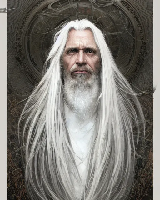 Image similar to portrait of 4 0 - year - old man with long white hair with a pale complexion, clear face, pointed face and grey eyes, hyper realistic face, beautiful eyes, fantasy art, in the style of greg rutkowski, intricate, alphonse mucha, hyper detailed, smooth