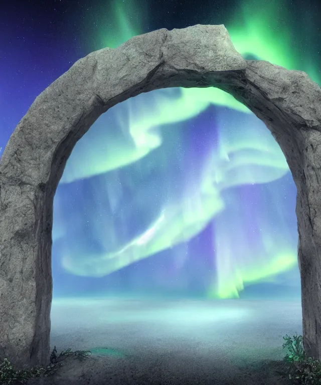 Image similar to stone archway, aurora borealis, portal, mysticism, photorealistic, fog