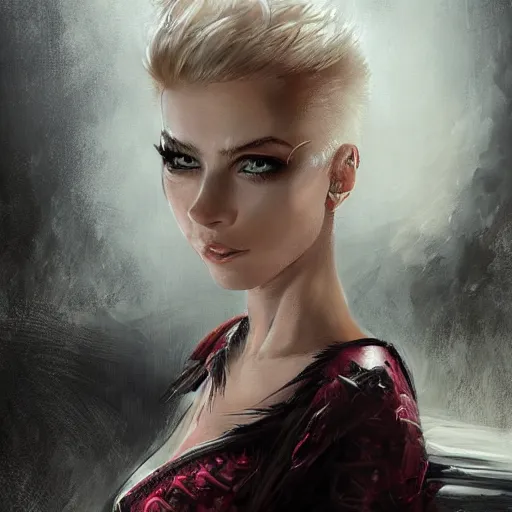 Image similar to portrait of a young woman with short pink spiky hair and dark eyes, intricate, elegant, highly detailed, digital painting, artstation, concept art, sharp focus, illustration, art by aleksi briclot, rutkowski